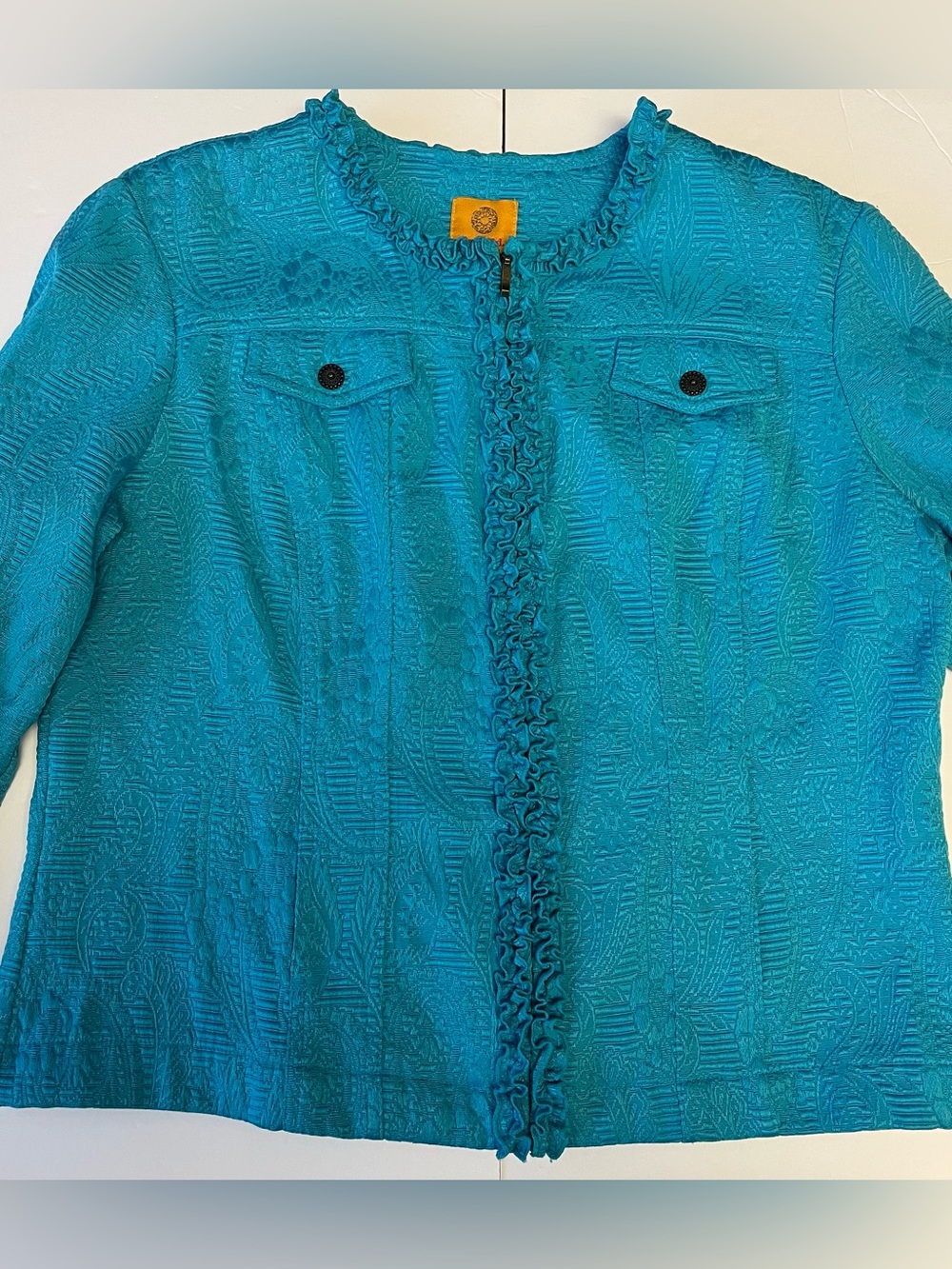 Ruby Rd. Turquoise Ruffle-Trim Blazer Jacket Zipper Size 14 - Picture 6 of 10